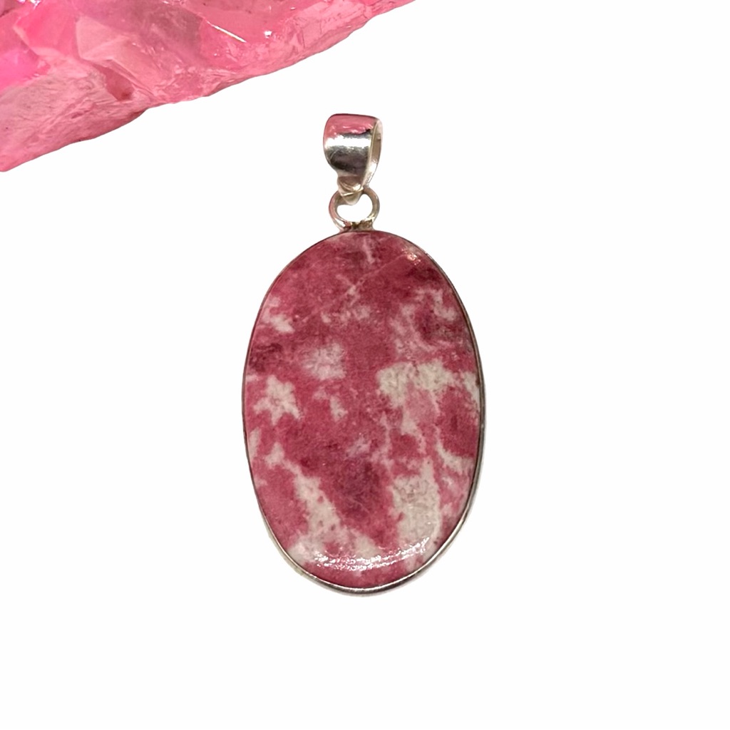 Thulite Necklace Pendant Solid 925 Sterling Silver Oval Pink Stone